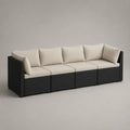 Canapé de jardin modulable 4 places en résine tressée PE noire avec coussins beige clair, 286 × 75 × 74 cm