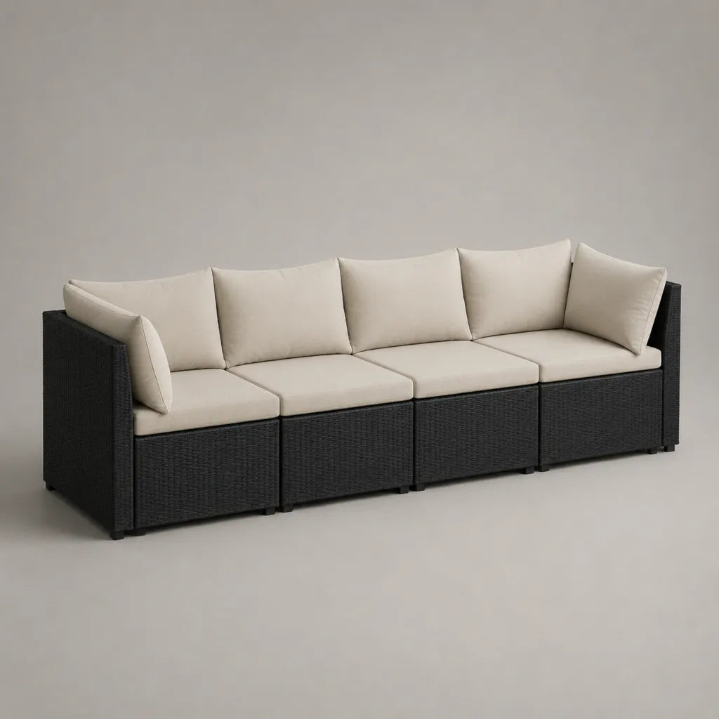 Canapé de jardin modulable 4 places en résine tressée PE noire avec coussins beige clair, 286 × 75 × 74 cm
