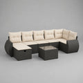 Canapé de jardin d’angle en U 6 places, ensemble 8 pièces en résine tressée noire avec coussins crème, repose-pieds et table basse, 280 × 220 × 75 cm