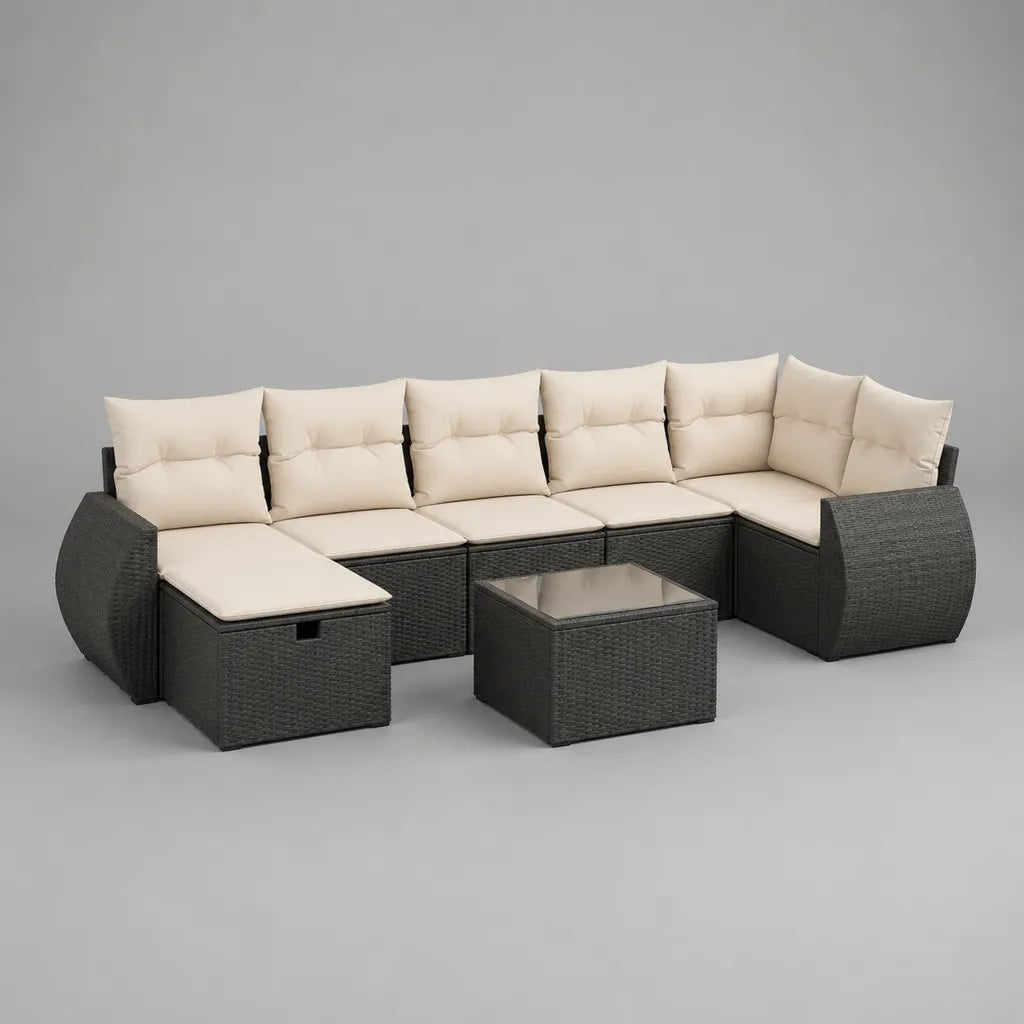 Canapé de jardin d’angle en U 6 places, ensemble 8 pièces en résine tressée noire avec coussins crème, repose-pieds et table basse, 280 × 220 × 75 cm