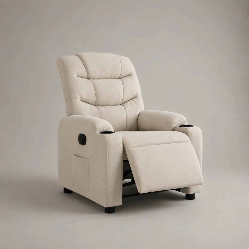 Fauteuil relax manuel en polyester beige avec dossier haut et 2 porte-gobelets, 90 × 95 × 105 cm