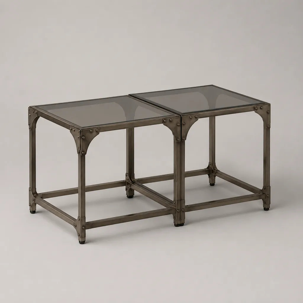 Lot de 2 tables basses carrées en acier bronze et verre gris fumé, 50 × 50 × 45 cm chacune