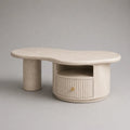Table basse en MDF effet travertin beige avec rangement, forme organique, 120 × 65 × 45 cm