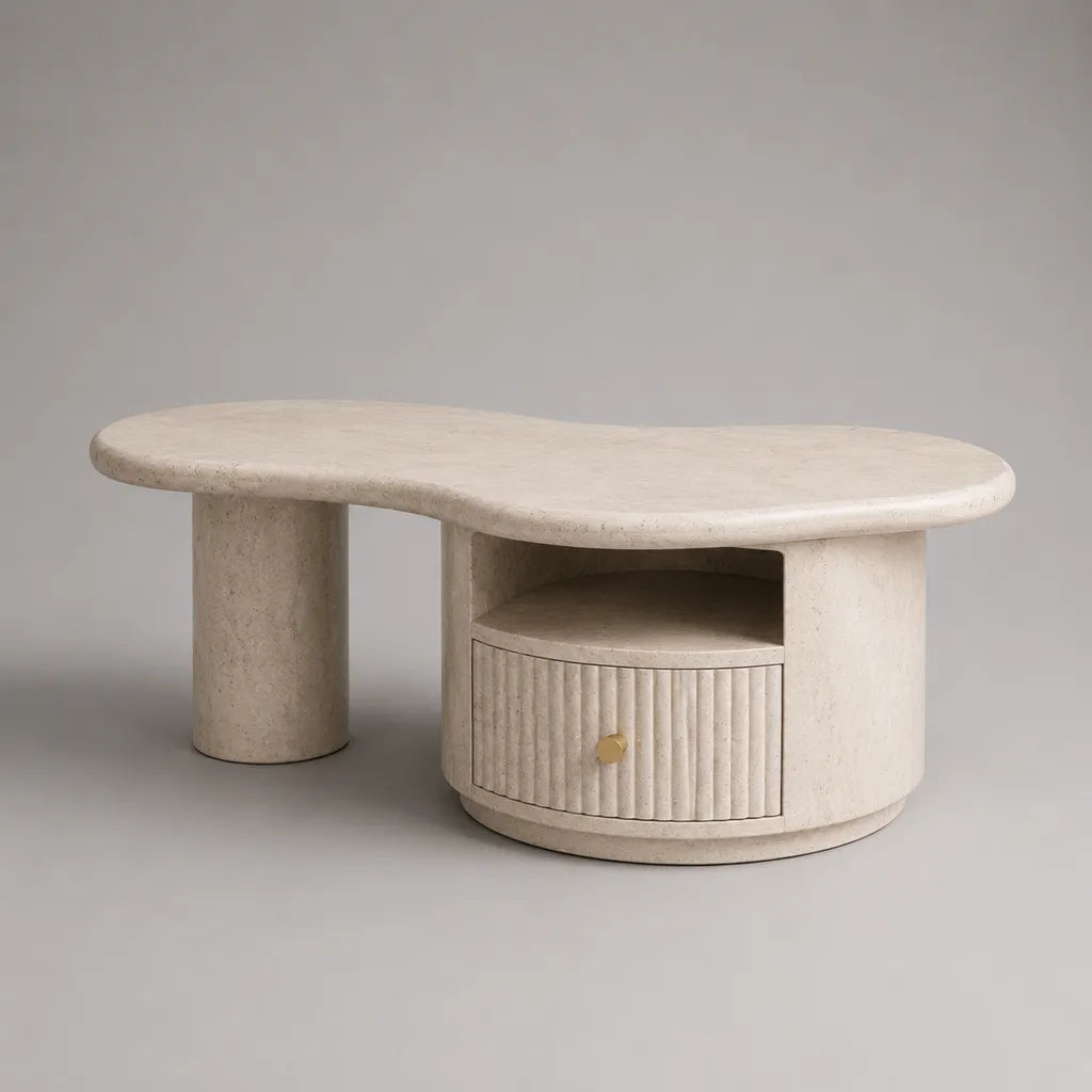 Table basse en MDF effet travertin beige avec rangement, forme organique, 120 × 65 × 45 cm