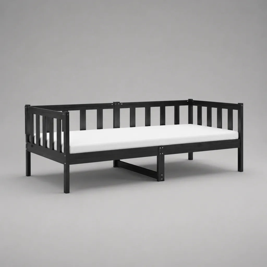 Lit banquette rectangulaire 1 place en pin massif noir, couchage 90 × 200 cm, dimensions 208 × 98 × 82 cm
