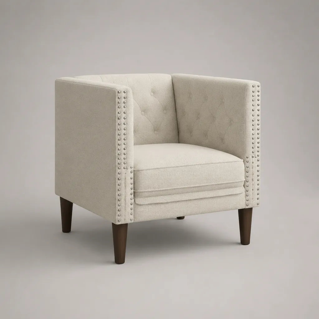 Fauteuil club capitonné en polyester ivoire avec pieds en hévéa massif, 78 × 76 × 82 cm