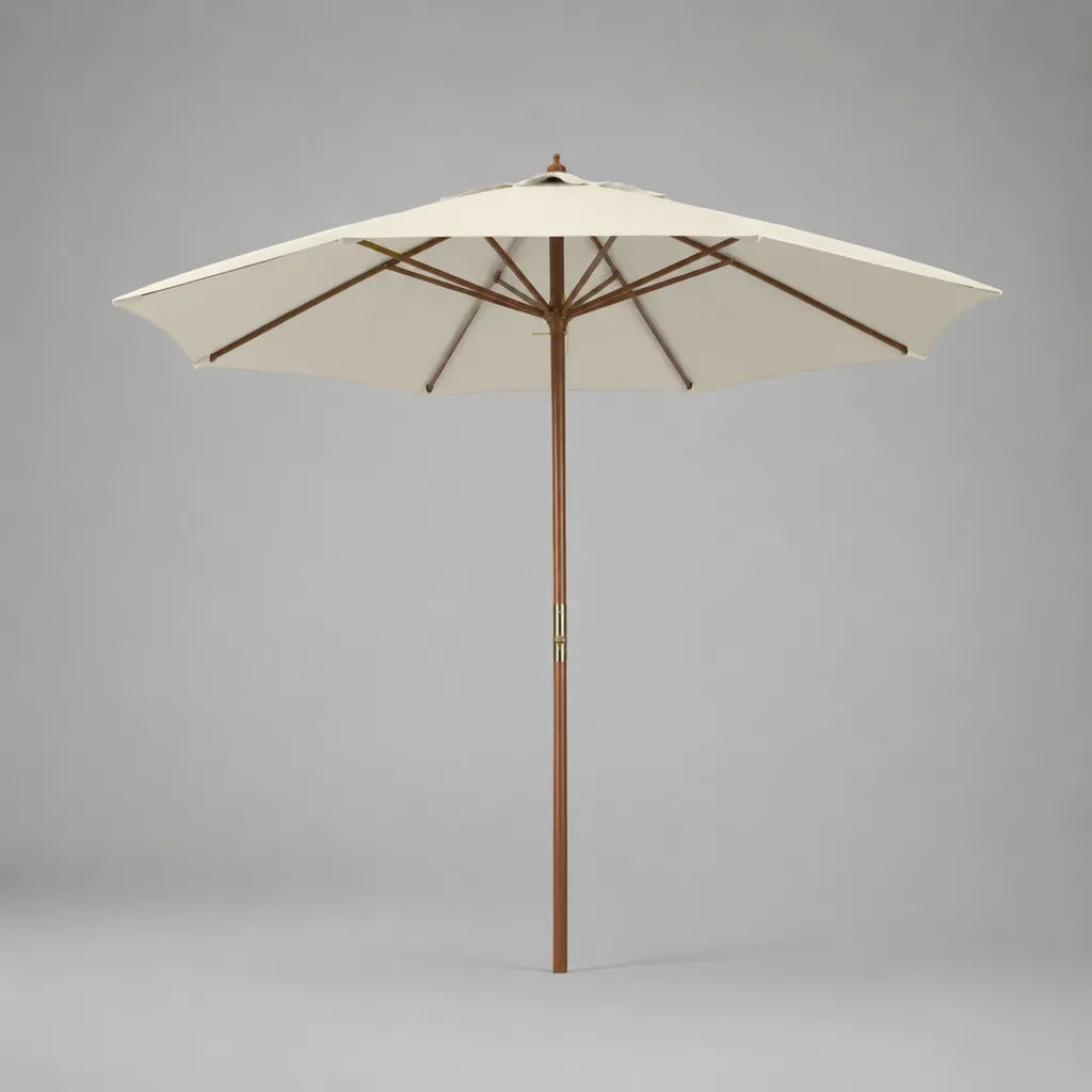 Parasol droit octogonal en polyester écru et eucalyptus massif brun Ø 300 × H 250 cm
