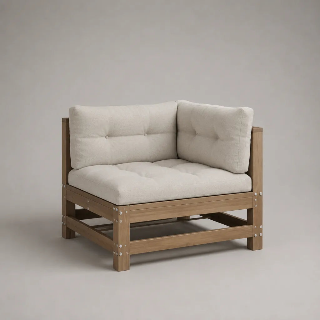 Module de canapé d’angle modulable d’extérieur 1 place en bois massif avec coussins en tissu écru, 85 × 85 × 75 cm