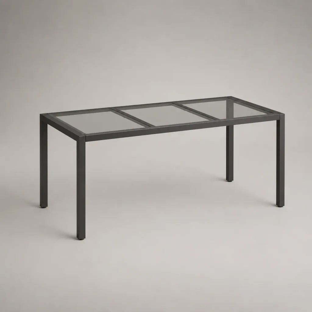 Table rectangulaire d’extérieur en acier et verre gris anthracite, 150 x 90 x 75 cm
