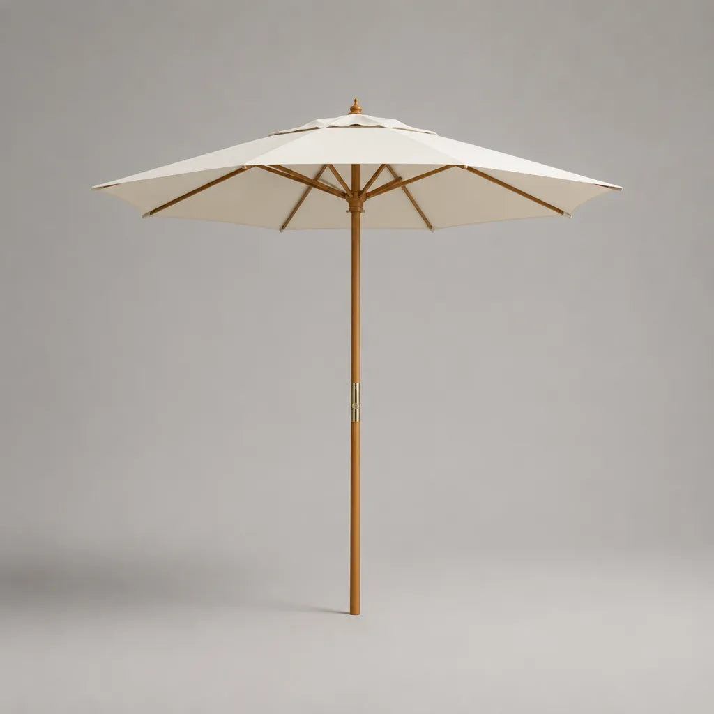 Parasol rond d’extérieur 300 × 250 cm en polyester écru avec mât central en bois brun