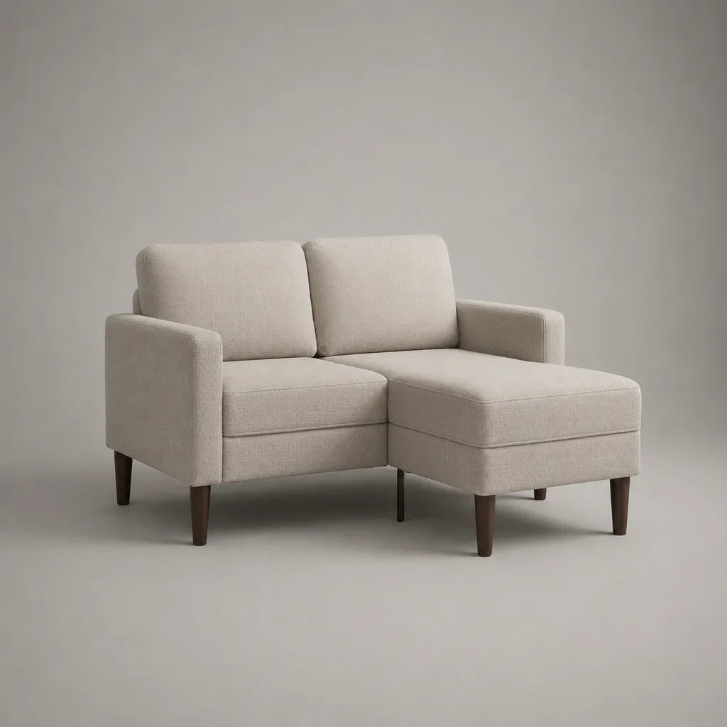 Canapé d’angle 2 places avec méridienne droite, revêtement en polyester beige, 157 × 128 × 84 cm