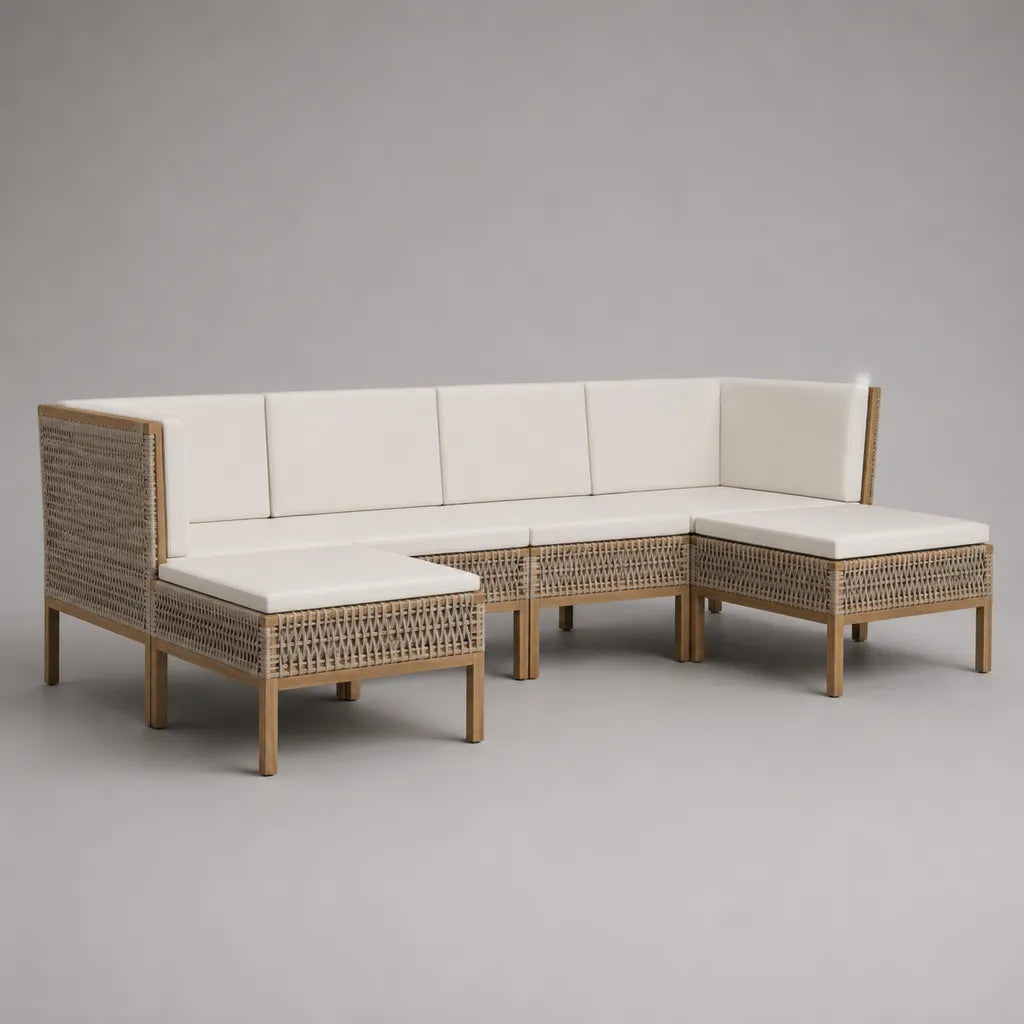 Canapé modulable d’extérieur 5 places en acacia massif et corde en polypropylène, forme en U, beige, blanc cassé et brun naturel, 286 × 167 × 73 cm