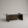 Table basse rectangulaire en verre et MDF plaqué noyer brun foncé, 120 × 60 × 45 cm