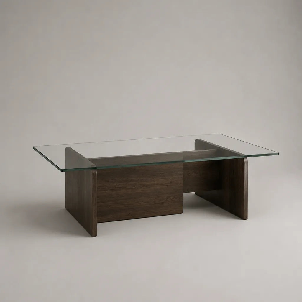 Table basse rectangulaire en verre et MDF plaqué noyer brun foncé, 120 × 60 × 45 cm