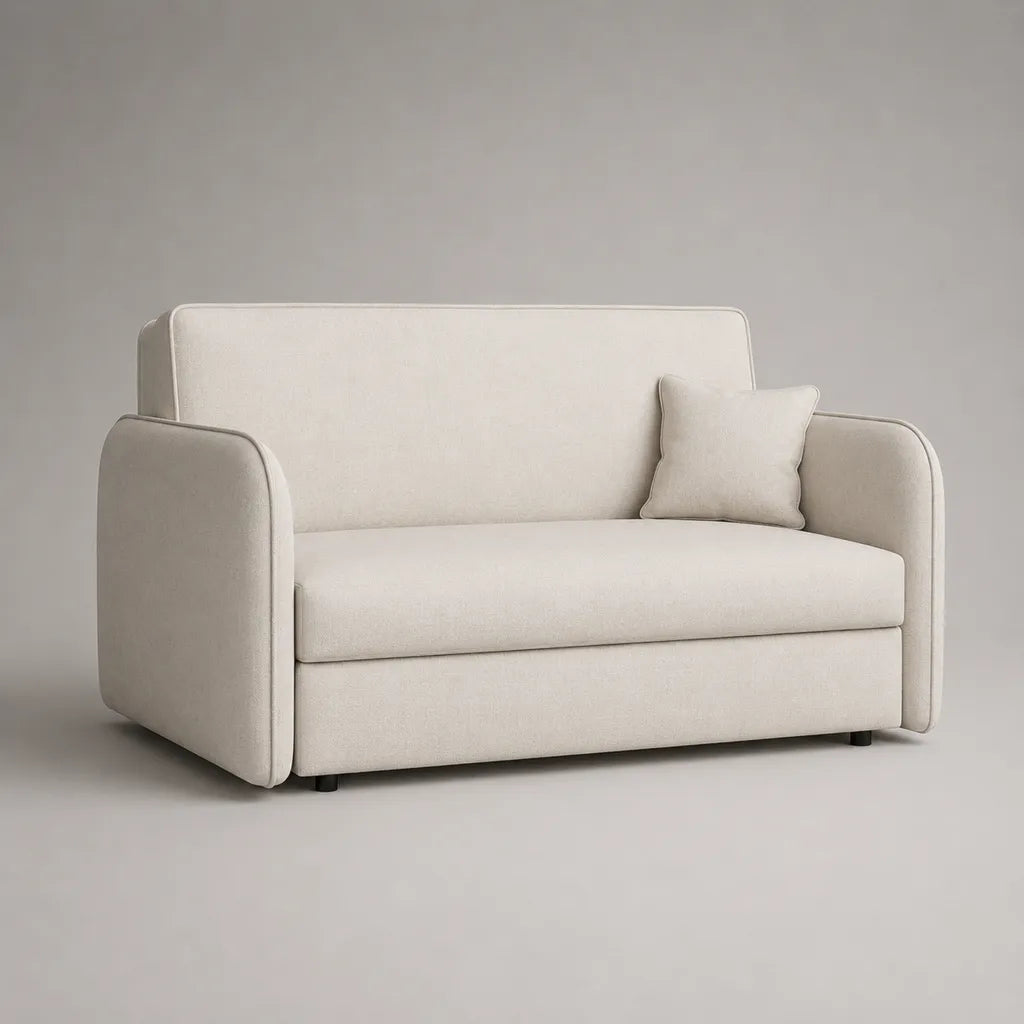 Canapé 2 places en tissu beige, forme rectangulaire, 145 × 80 × 84 cm