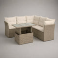 Salon de jardin d’angle 3 pièces 6 places en résine tressée taupe avec coussins crème, 195 x 195 x 75 cm, table relevable 120 x 70 x 45-68 cm