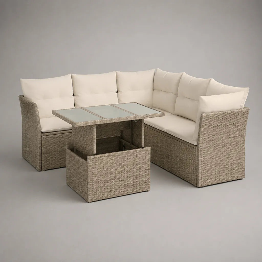 Salon de jardin d’angle 3 pièces 6 places en résine tressée taupe avec coussins crème, 195 x 195 x 75 cm, table relevable 120 x 70 x 45-68 cm