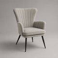 Fauteuil bergère en tissu bouclé gris clair avec accoudoirs et pieds en acier noir, 78 × 76 × 97 cm