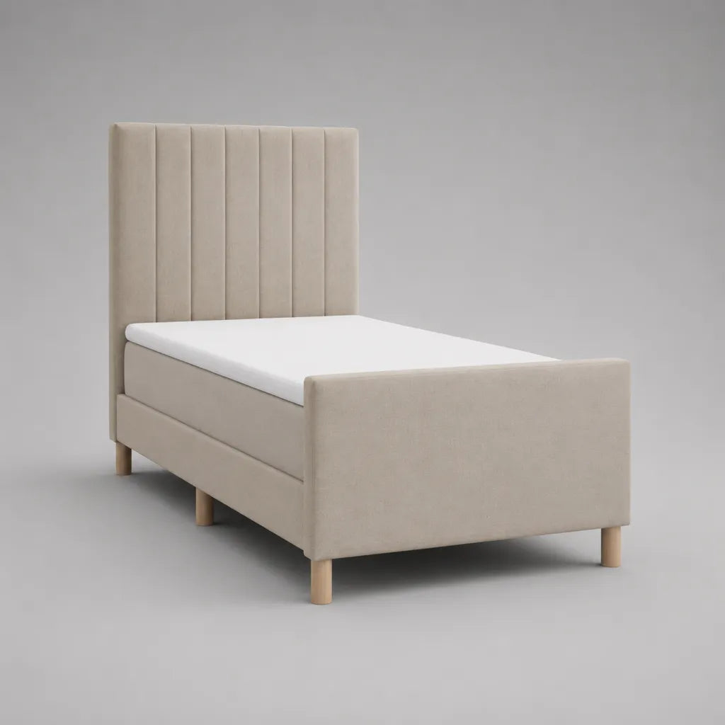 Cadre de lit simple en tissu beige, couchage 90 × 190 cm, dimensions 205 × 100 × 120 cm, tête de lit à panneaux verticaux