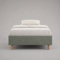 Lit simple 90 x 200 cm en tissu gris et bois naturel, cadre rembourré sans tête de lit, 206 x 96 x 40 cm