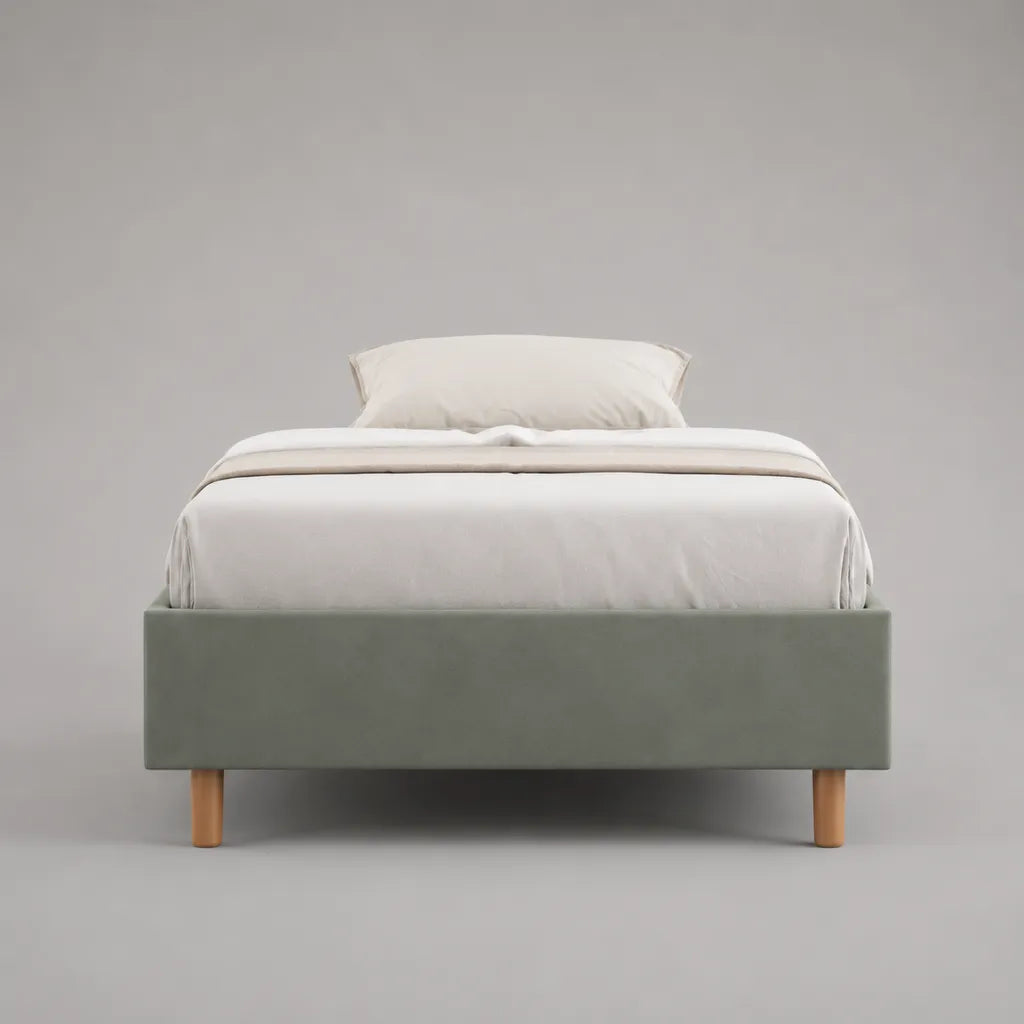 Lit simple 90 x 200 cm en tissu gris et bois naturel, cadre rembourré sans tête de lit, 206 x 96 x 40 cm