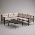 Salon de jardin d’angle 6 places avec table basse, acier thermolaqué, corde PP et tissu, beige, noir et taupe, 238 × 238 × 78 cm