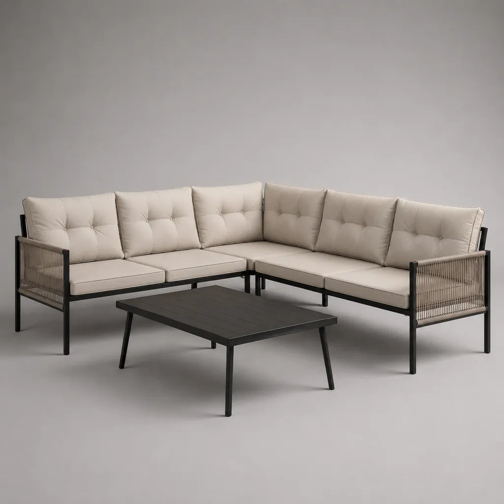 Salon de jardin d’angle 6 places avec table basse, acier thermolaqué, corde PP et tissu, beige, noir et taupe, 238 × 238 × 78 cm