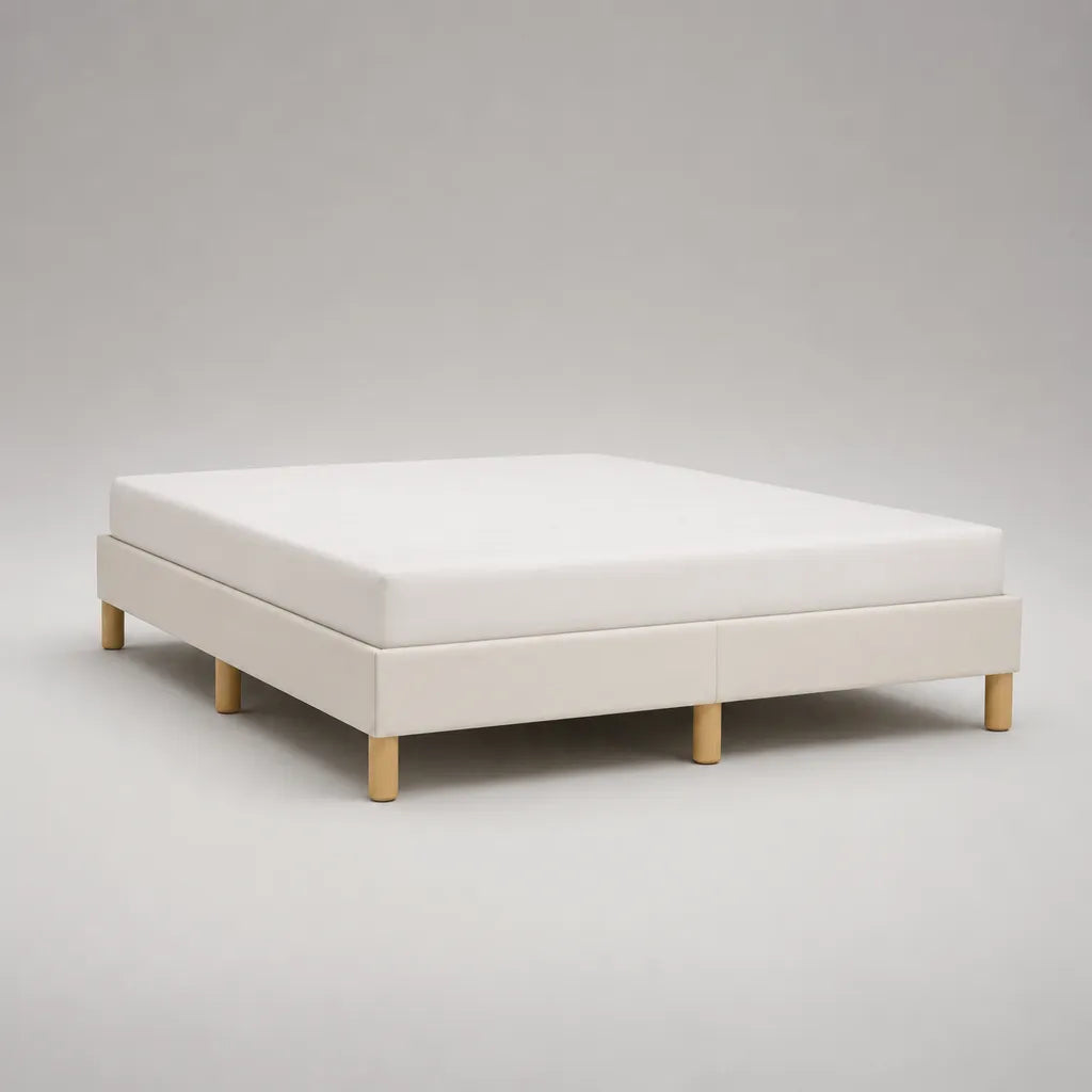 Sommier tapissier double en 2 parties, tissu blanc et pieds en bois, 160 × 200 cm
