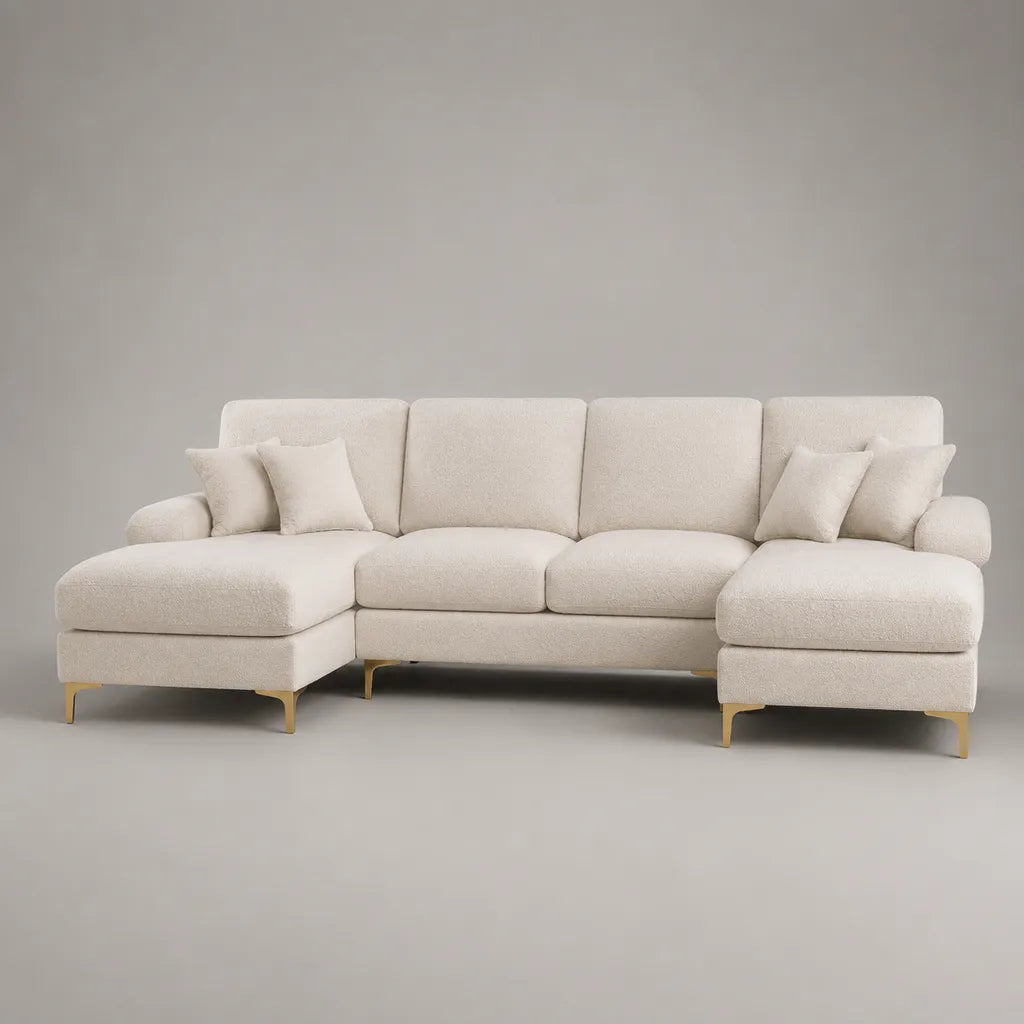 Canapé panoramique 4 places en U en tissu bouclé polyester crème avec double méridienne, 290 × 155 × 88 cm