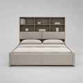 Lit double 160 x 200 cm en bois et tissu beige et taupe avec tête de lit bibliothèque, rangements et sommier à lattes