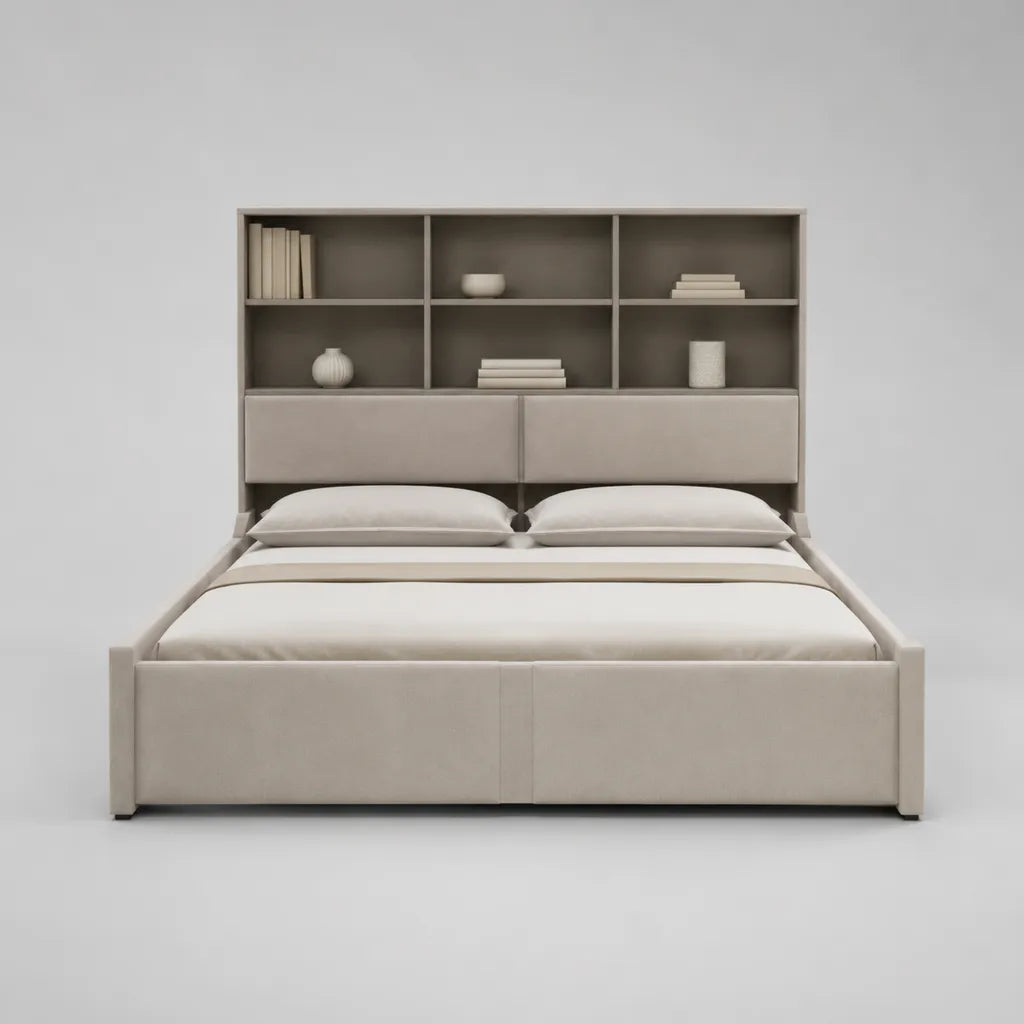 Lit double 160 x 200 cm en bois et tissu beige et taupe avec tête de lit bibliothèque, rangements et sommier à lattes