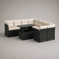 Canapé de jardin modulable 8 places avec table relevable en résine tressée noire et coussins beige clair, 240 × 180 × 74 cm