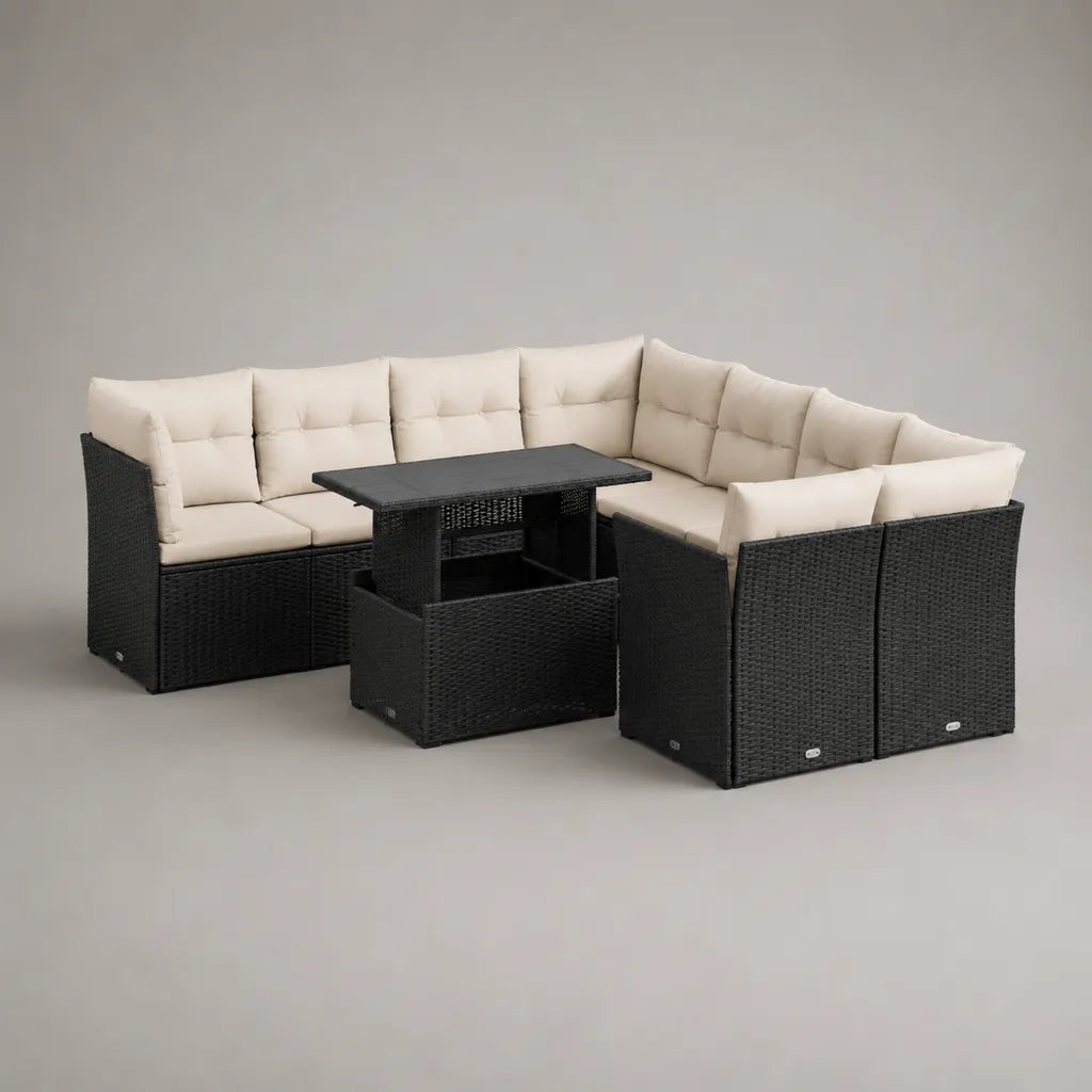 Canapé de jardin modulable 8 places avec table relevable en résine tressée noire et coussins beige clair, 240 × 180 × 74 cm