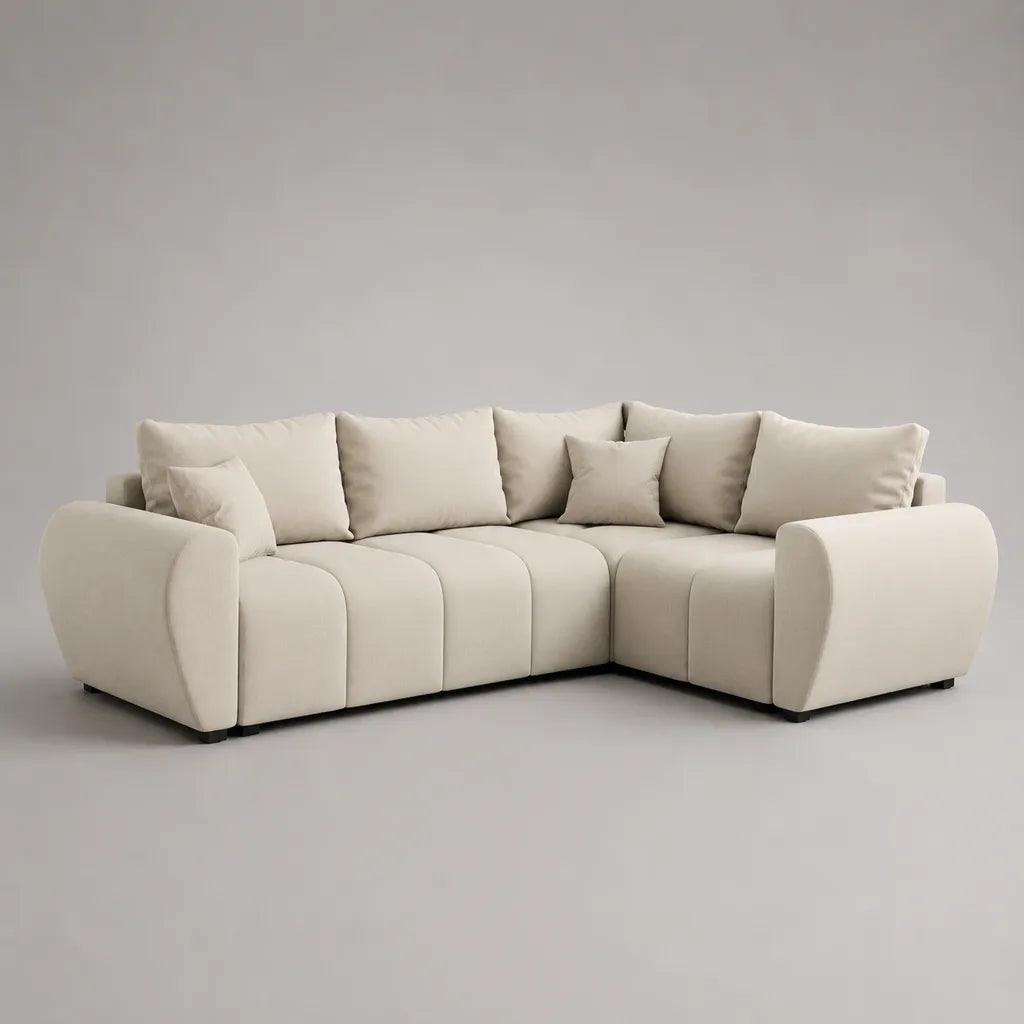 Canapé d’angle droit 5 places en polyester tissé écru, 280 × 200 × 85 cm