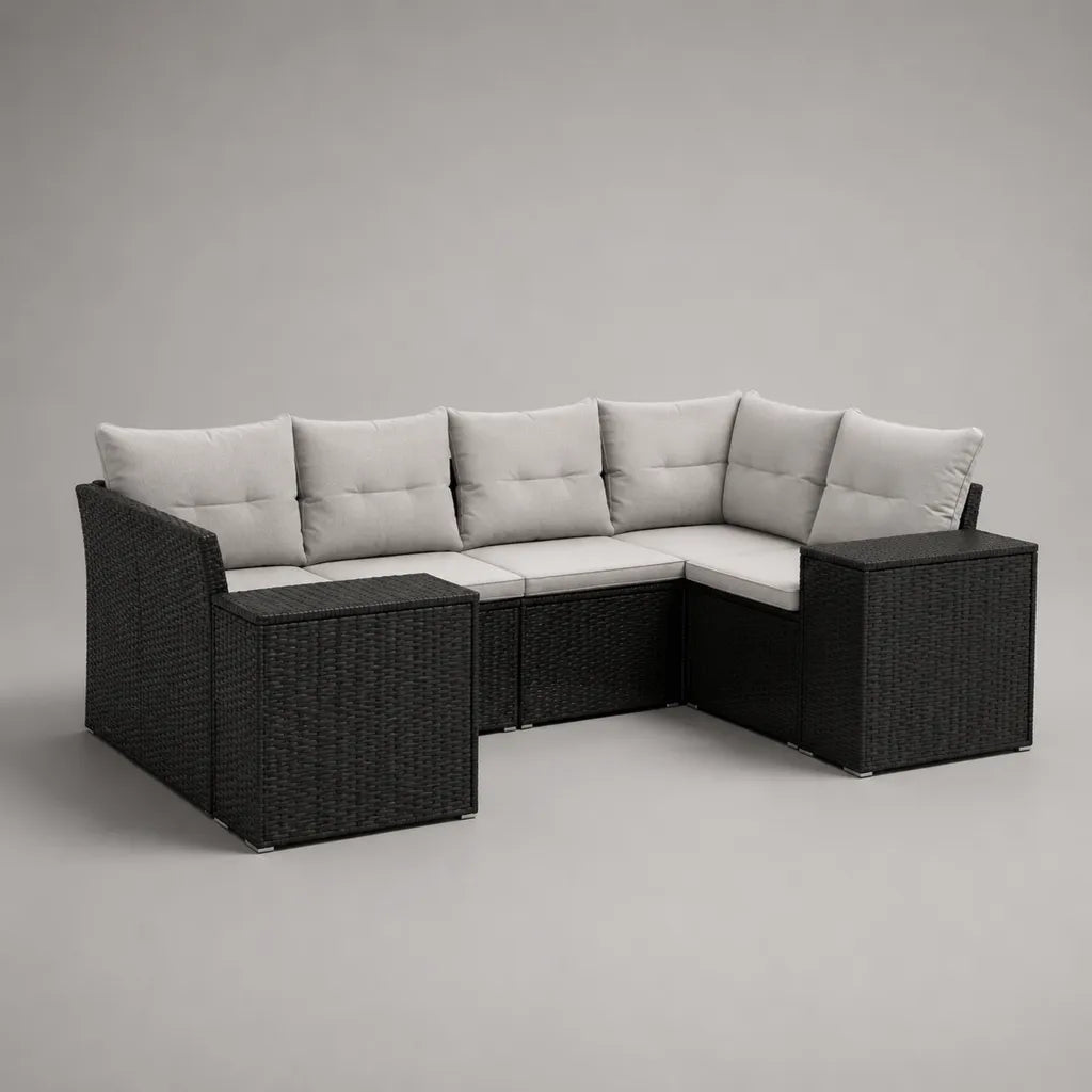 Canapé de jardin d’angle 5 places en résine tressée PE et acier avec coussins gris clair, 230 × 170 × 76 cm, noir