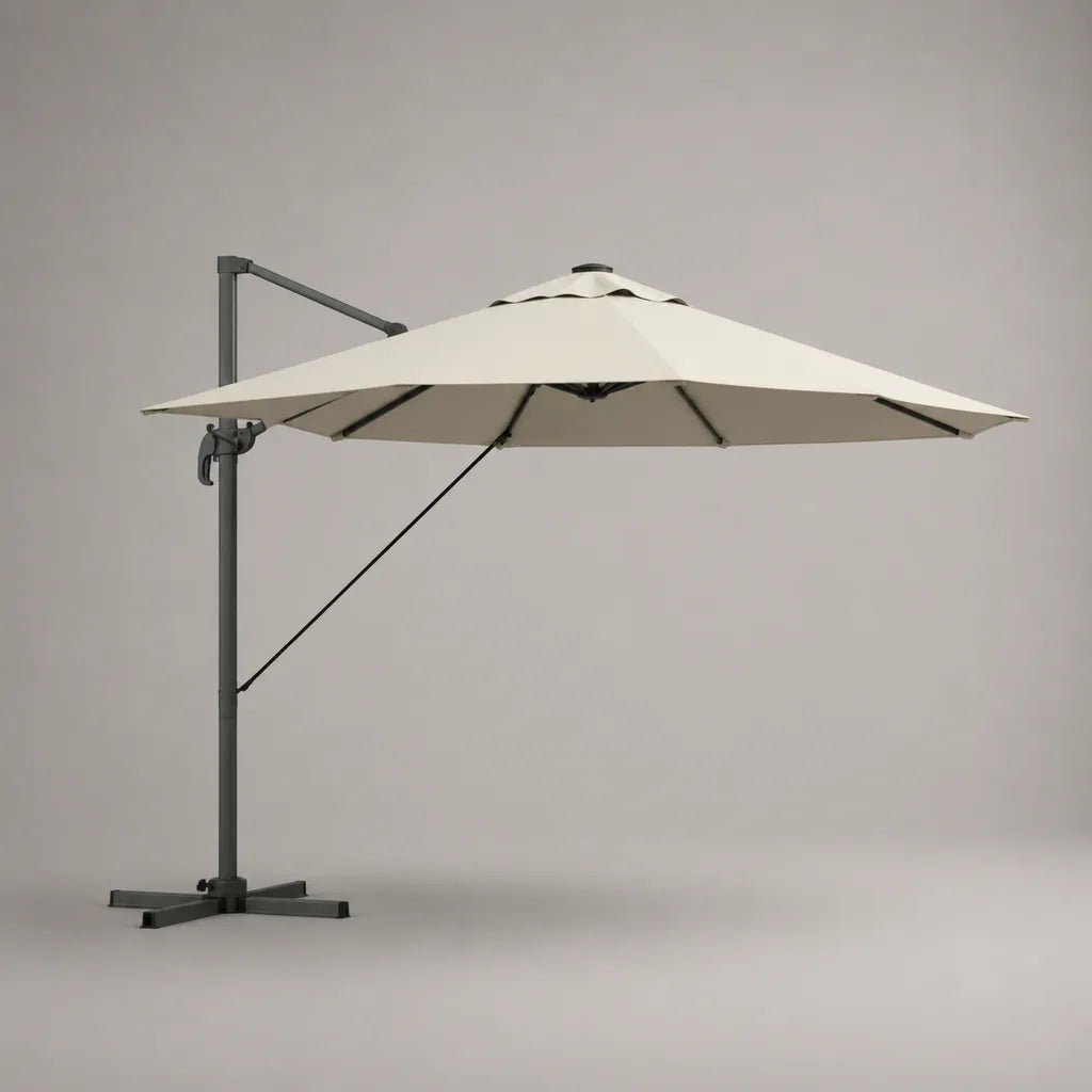 Parasol déporté carré 300 × 300 × 260 cm en polyester, aluminium et acier, beige et anthracite