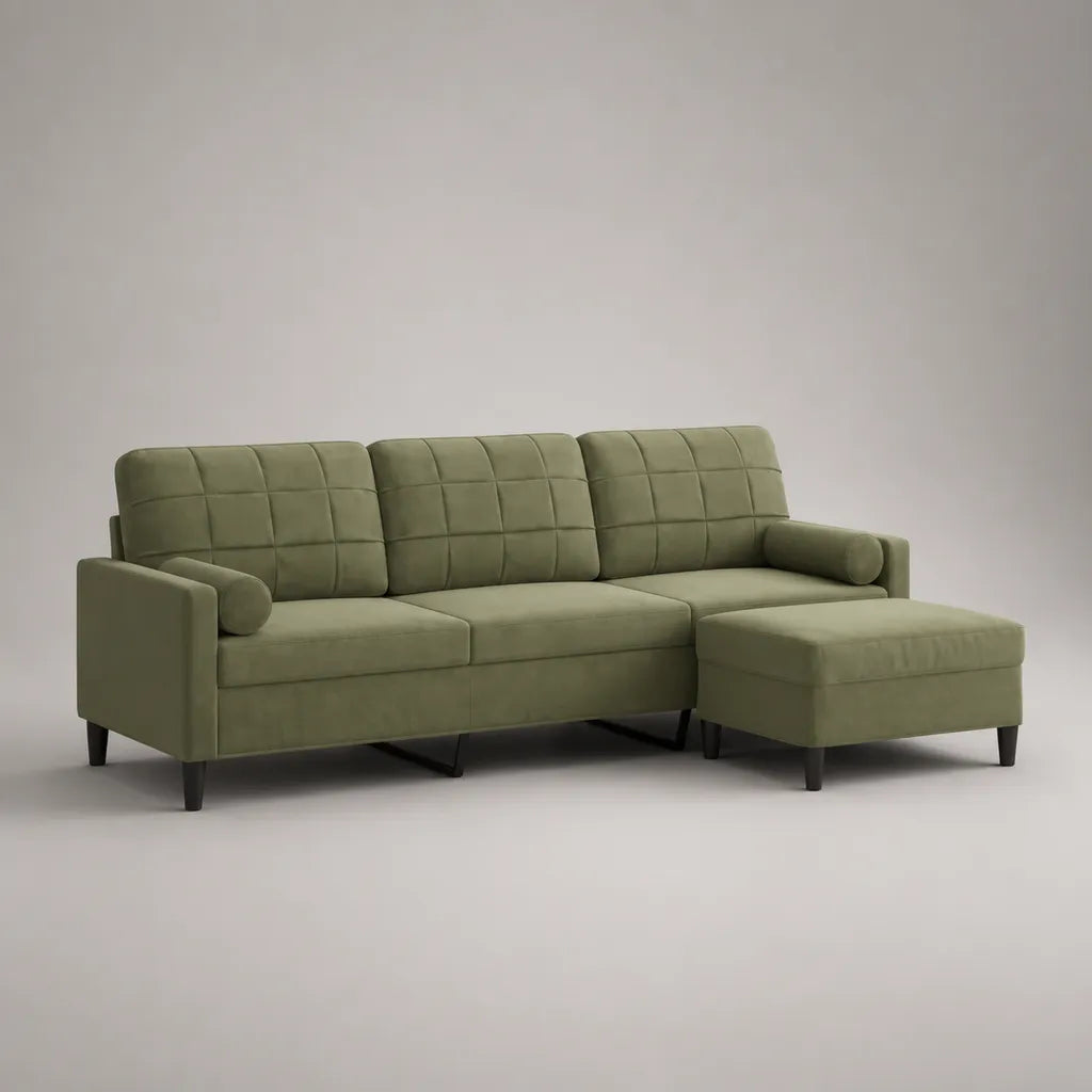 Canapé droit 3 places avec pouf en velours de polyester vert olive, 210 × 82 × 86 cm, pouf 80 × 60 × 43 cm