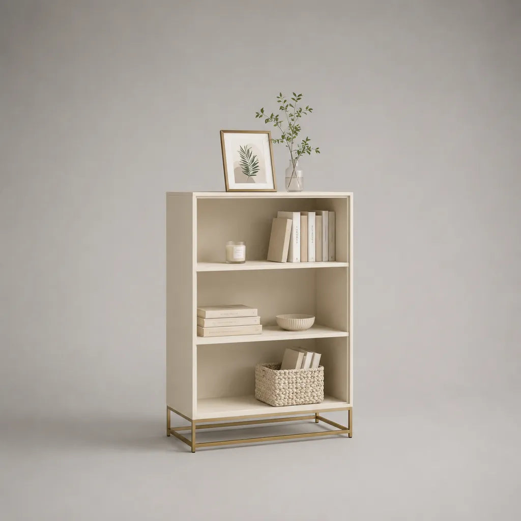 Bibliothèque ouverte à 3 compartiments en panneaux de particules et acier, blanc cassé et doré, 80 × 30 × 120 cm