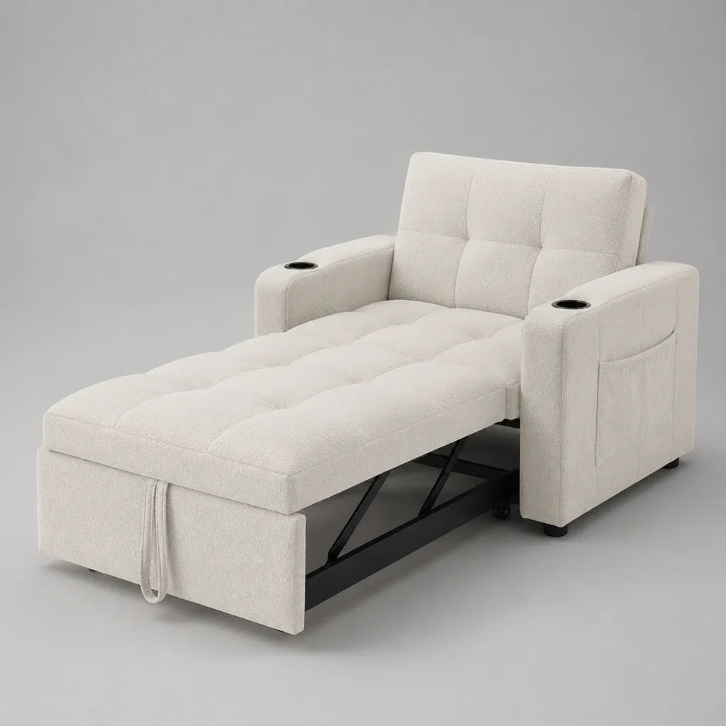 Fauteuil-lit convertible 1 place en tissu bouclé crème avec 2 porte-gobelets, 92 × 88 × 86 cm, déployé 92 × 190 × 86 cm