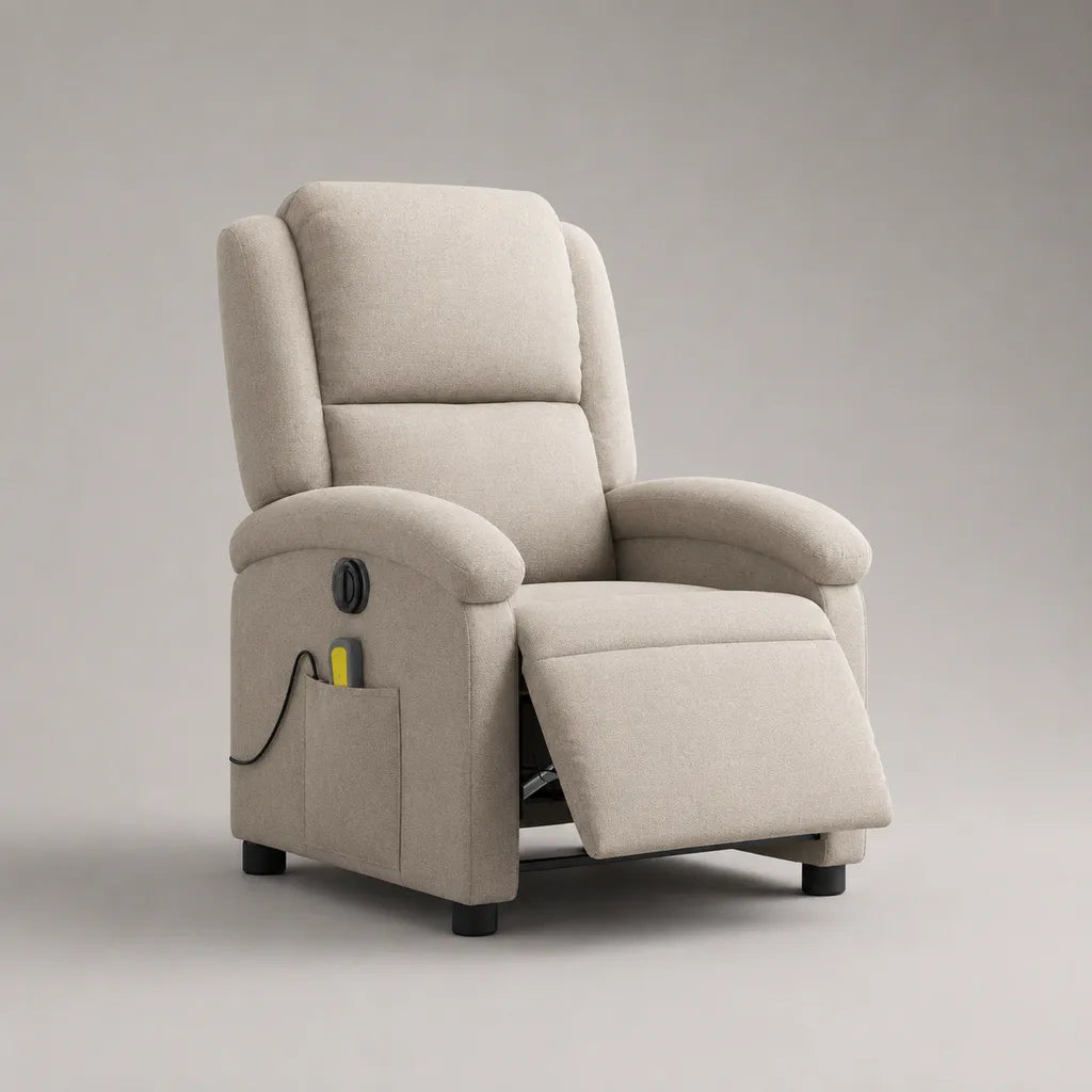 Fauteuil relax électrique 1 place en polyester bouclé beige et noir avec repose-pieds, 76 x 92 x 105 cm