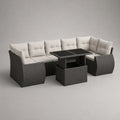 Salon de jardin d’angle extérieur 9 places en résine tressée PE et acier gris anthracite, table noire 120 × 70 × 65 cm et 3 poufs, dimensions totales 260 × 190 × 74 cm