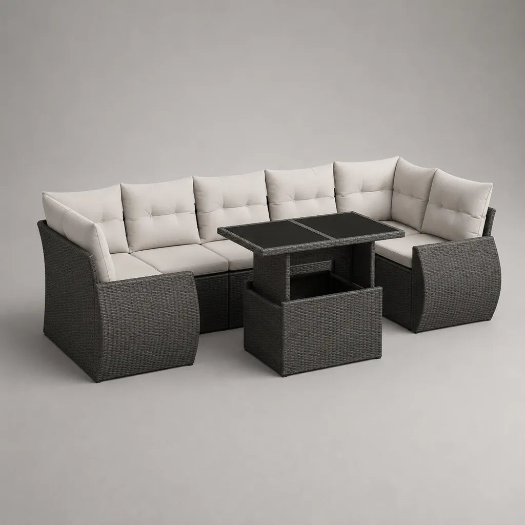 Salon de jardin d’angle extérieur 9 places en résine tressée PE et acier gris anthracite, table noire 120 × 70 × 65 cm et 3 poufs, dimensions totales 260 × 190 × 74 cm