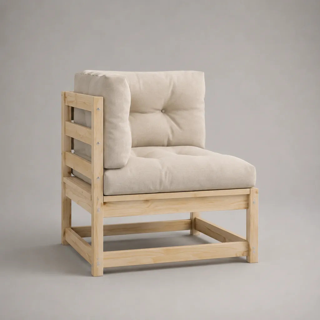 Fauteuil de jardin rectangulaire 1 place en pin massif avec 3 coussins en polyester beige, 70 × 75 × 80 cm