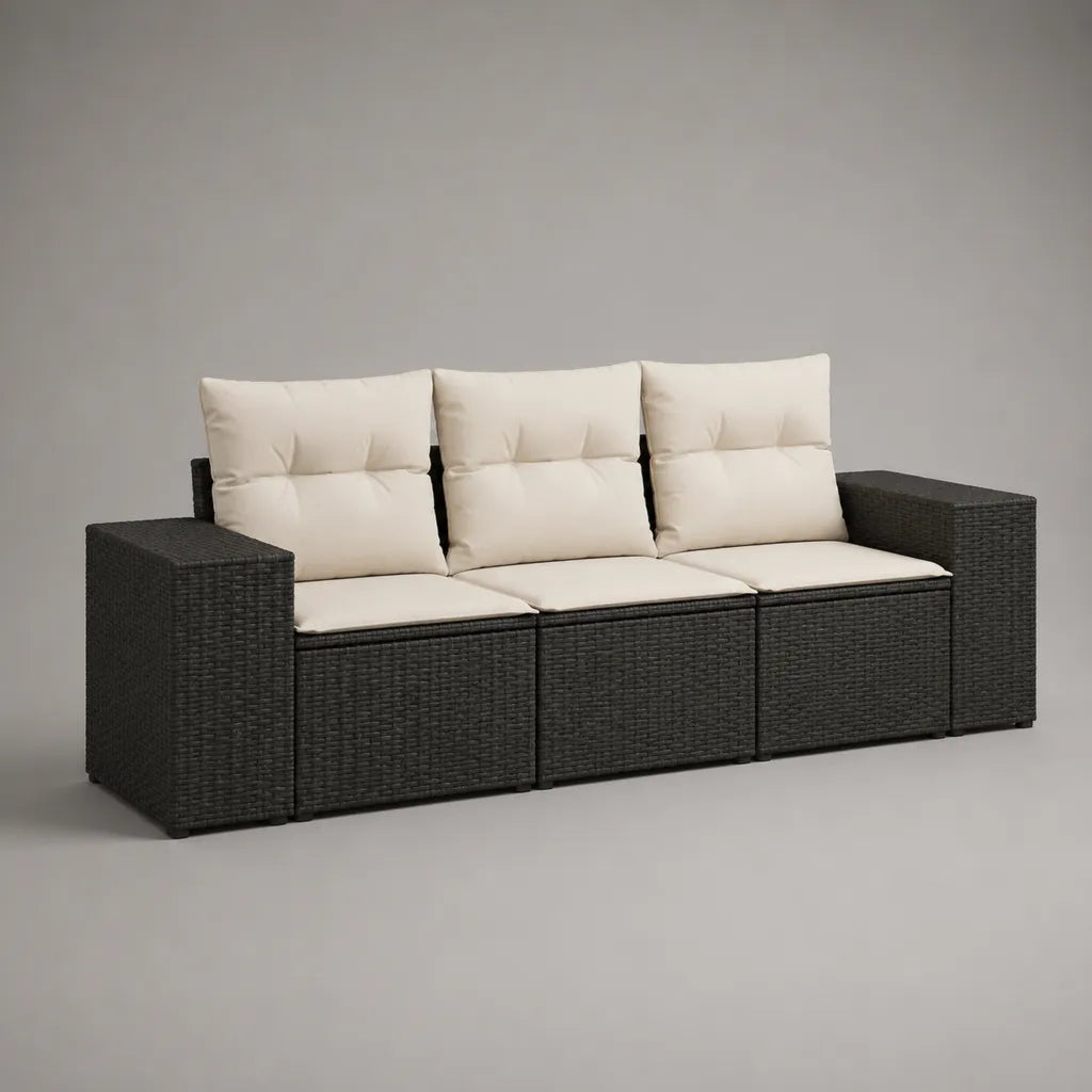 Ensemble de canapé de jardin 5 éléments, 3 places, en résine tressée PE avec coussins en polyester, noir et crème, 210 × 75 × 73 cm