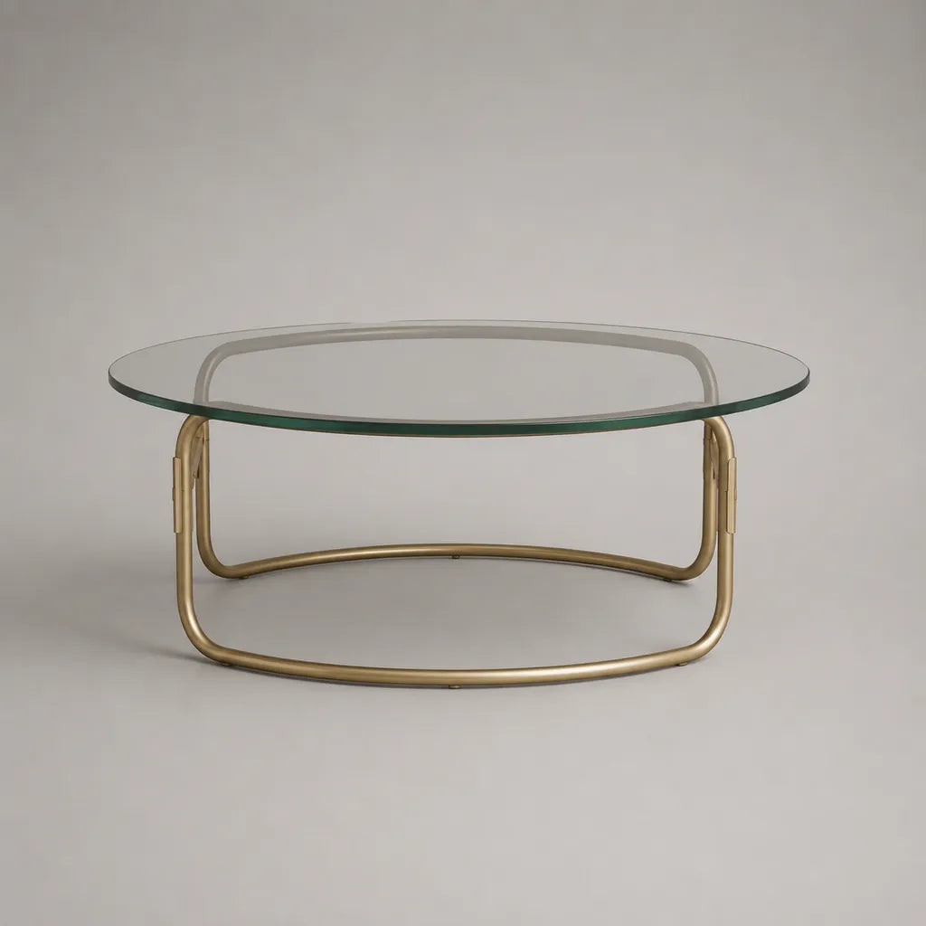 Table basse ovale en verre trempé 8 mm et acier doré, 100 × 60 × 40 cm