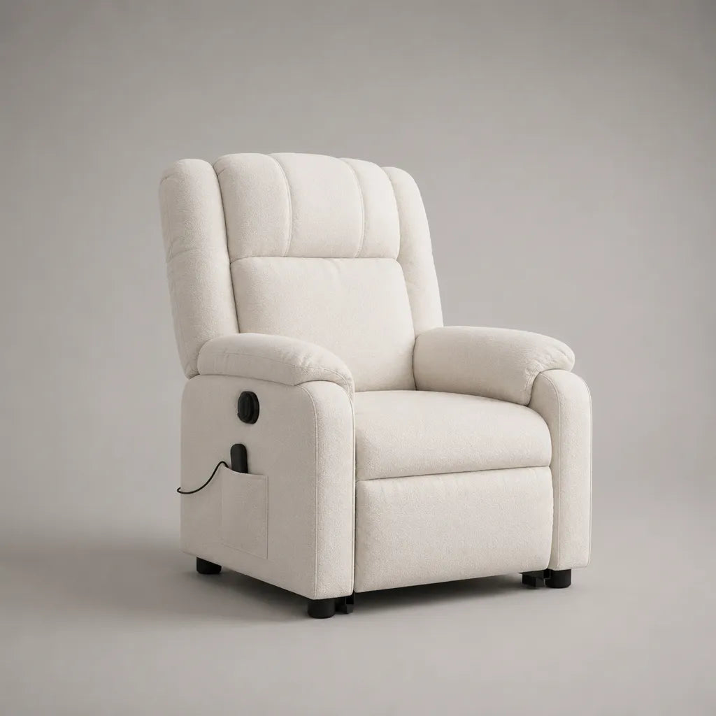 Fauteuil relax électrique 1 place en tissu bouclé blanc cassé, 76 × 92 × 105 cm