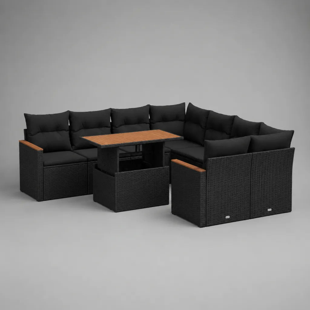 Canapé de jardin d’angle 8 places en résine tressée noire avec table et 2 tabourets, 254 × 190 × 75 cm