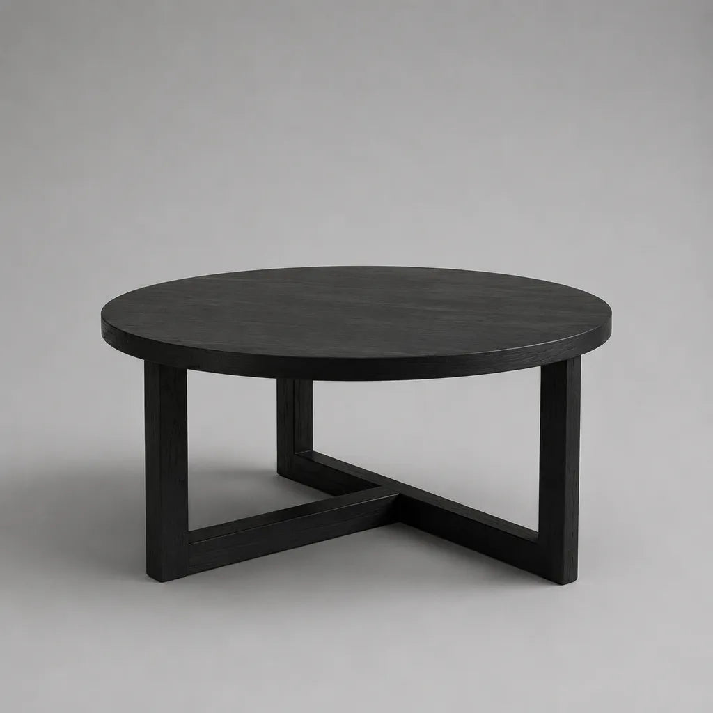 Table basse ronde en MDF plaqué frêne et pin massif noir, Ø 80 × H 45 cm