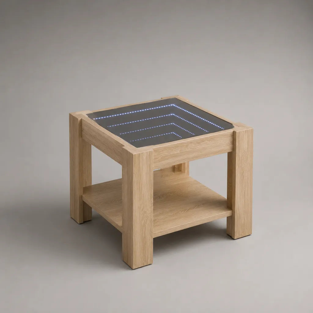 Table basse carrée LED effet infini en bois et verre noir, 50 × 50 × 50 cm, chêne clair