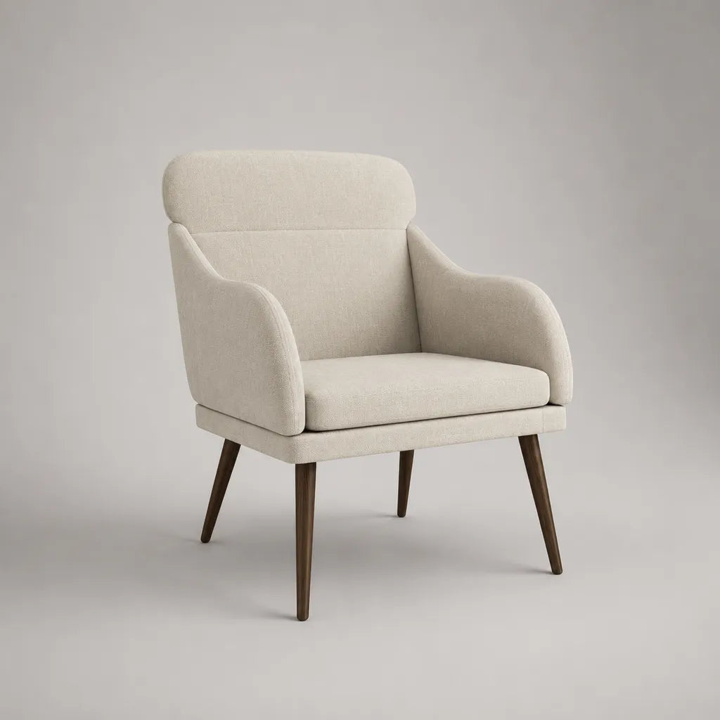 Fauteuil 1 place à dossier haut en polyester tissé écru avec pieds en hévéa massif brun foncé, 76 × 78 × 94 cm